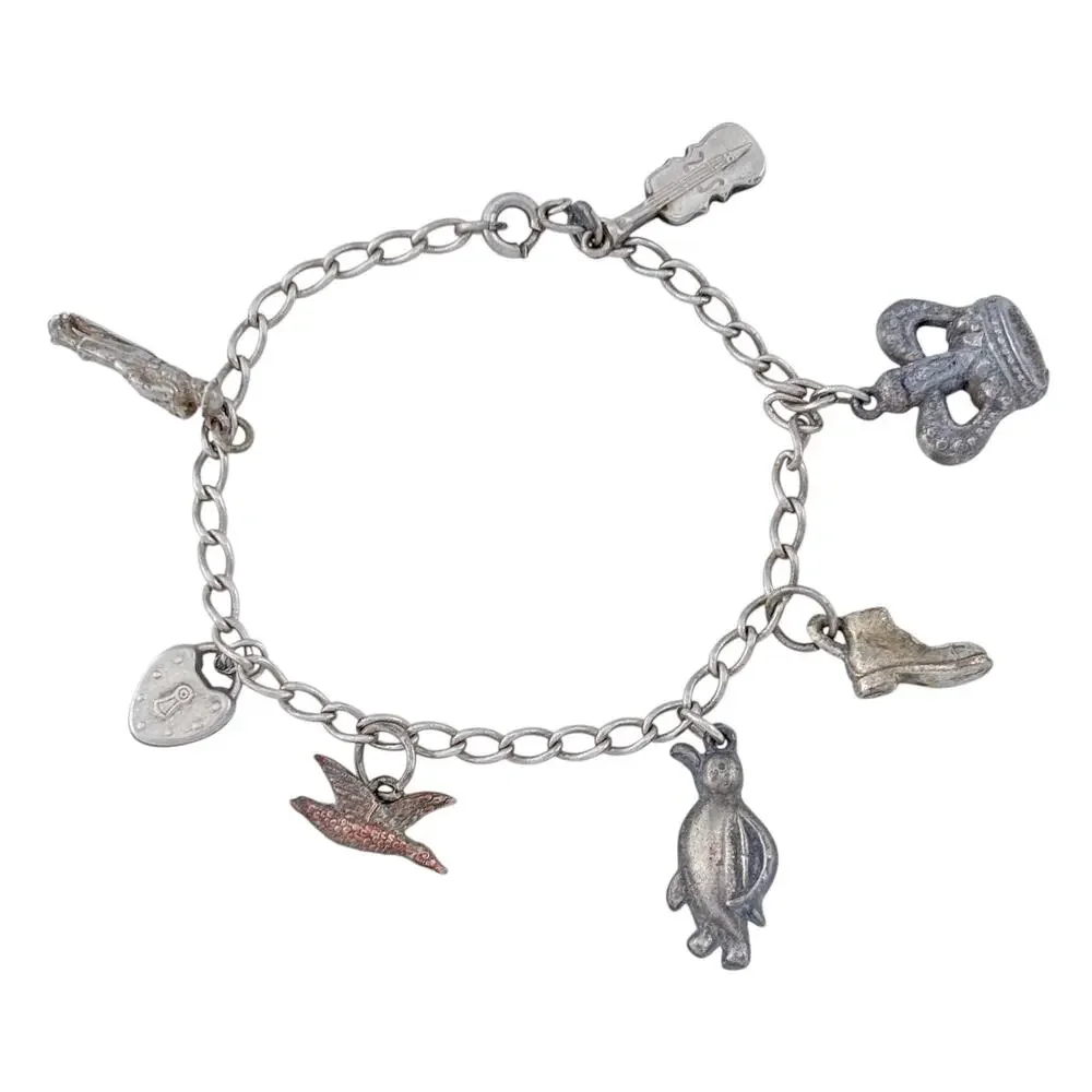 Vintage Sterling Silver 925 Mixed Metal Charm Bracelet 7